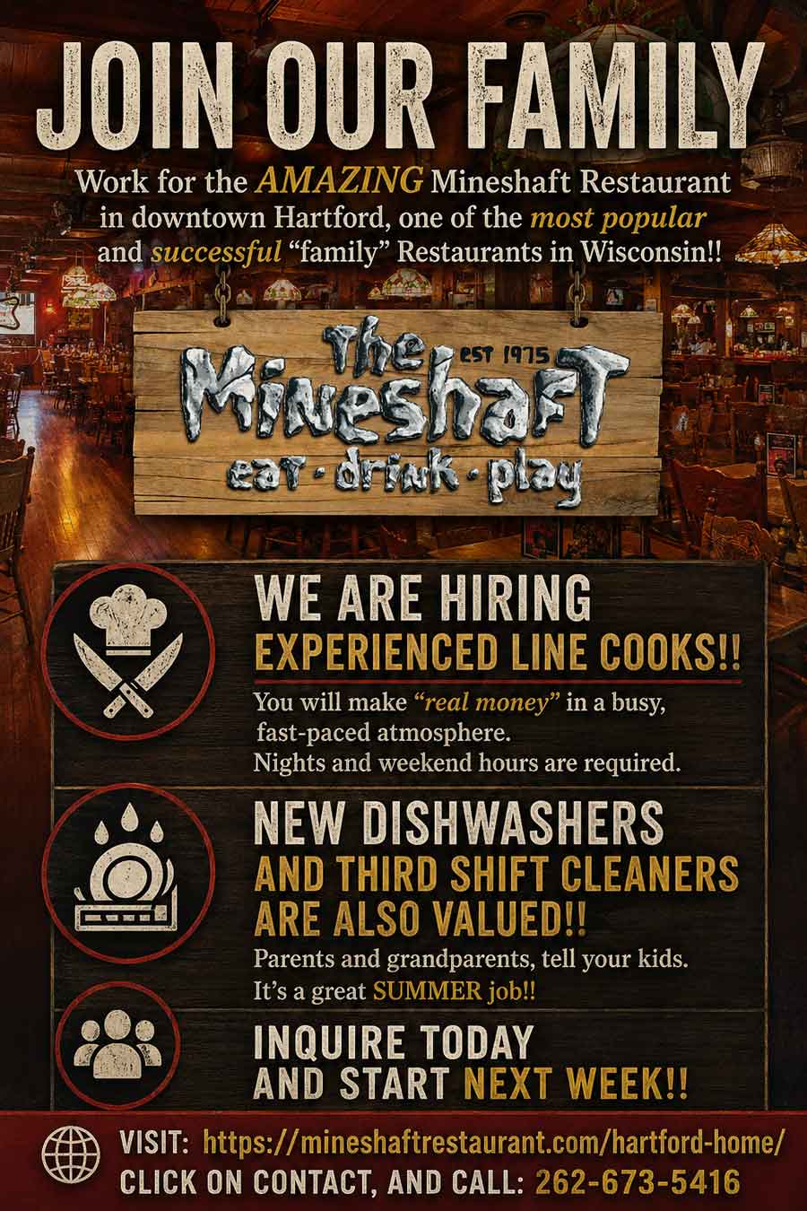 The Mineshaft Hartford hiring cooks, dishwashers, and cleaners; apply to join their team now.