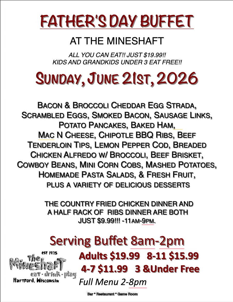 Father’s Day buffet menu at The Mineshaft Hartford with food, prices, and serving times on June 21.