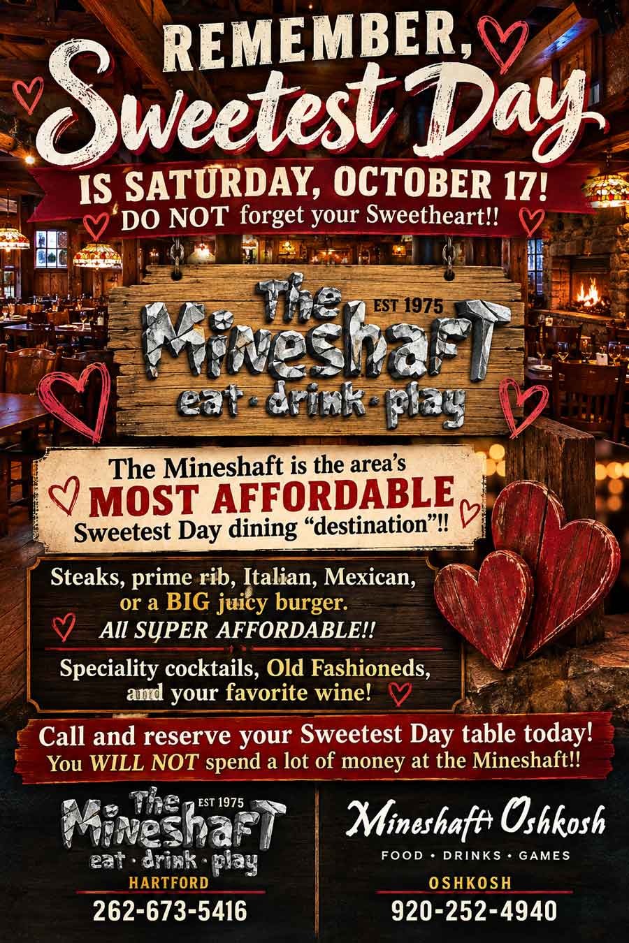 Promotional flyer for Sweetest Day dining at The Mineshaft Hartford and Oshkosh.